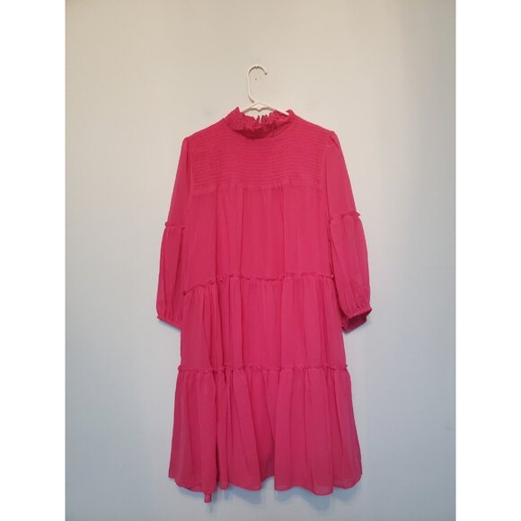 Boohoo Dresses & Skirts - Boohoo Womens 14 Dress Shirred Tiered Detail Smock Bright Pink 3/4 Sleeve NWT